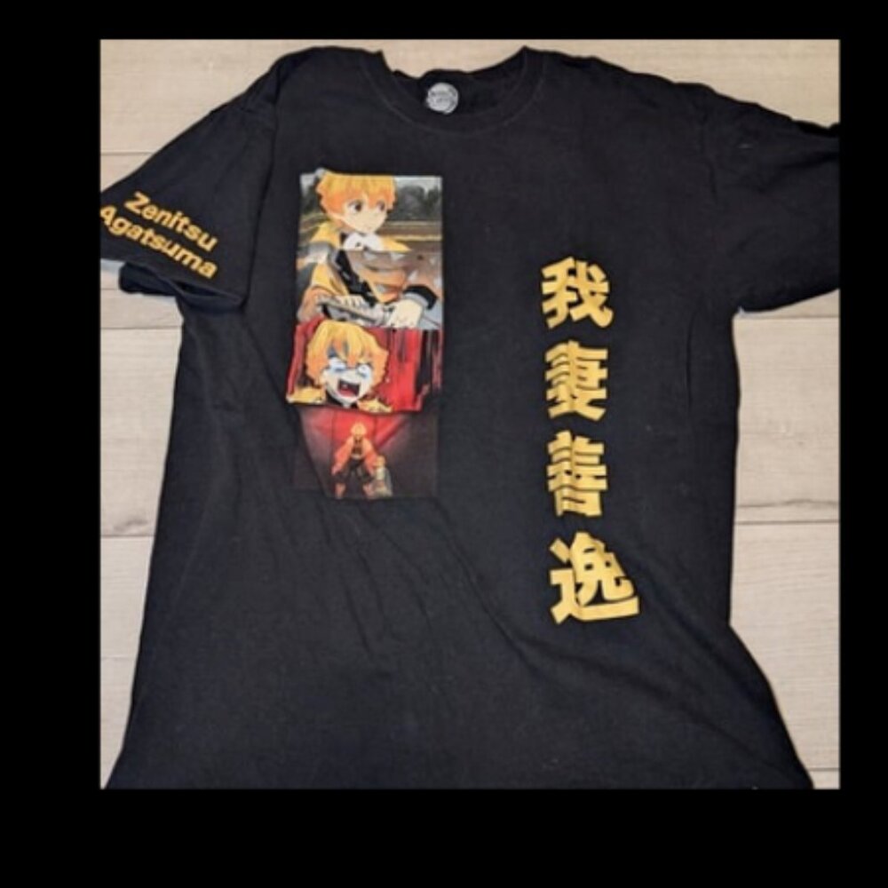 Anime Demon Slayer Size L Mens T Shirt Zenitsu Agatsuma Black Short Sleeve